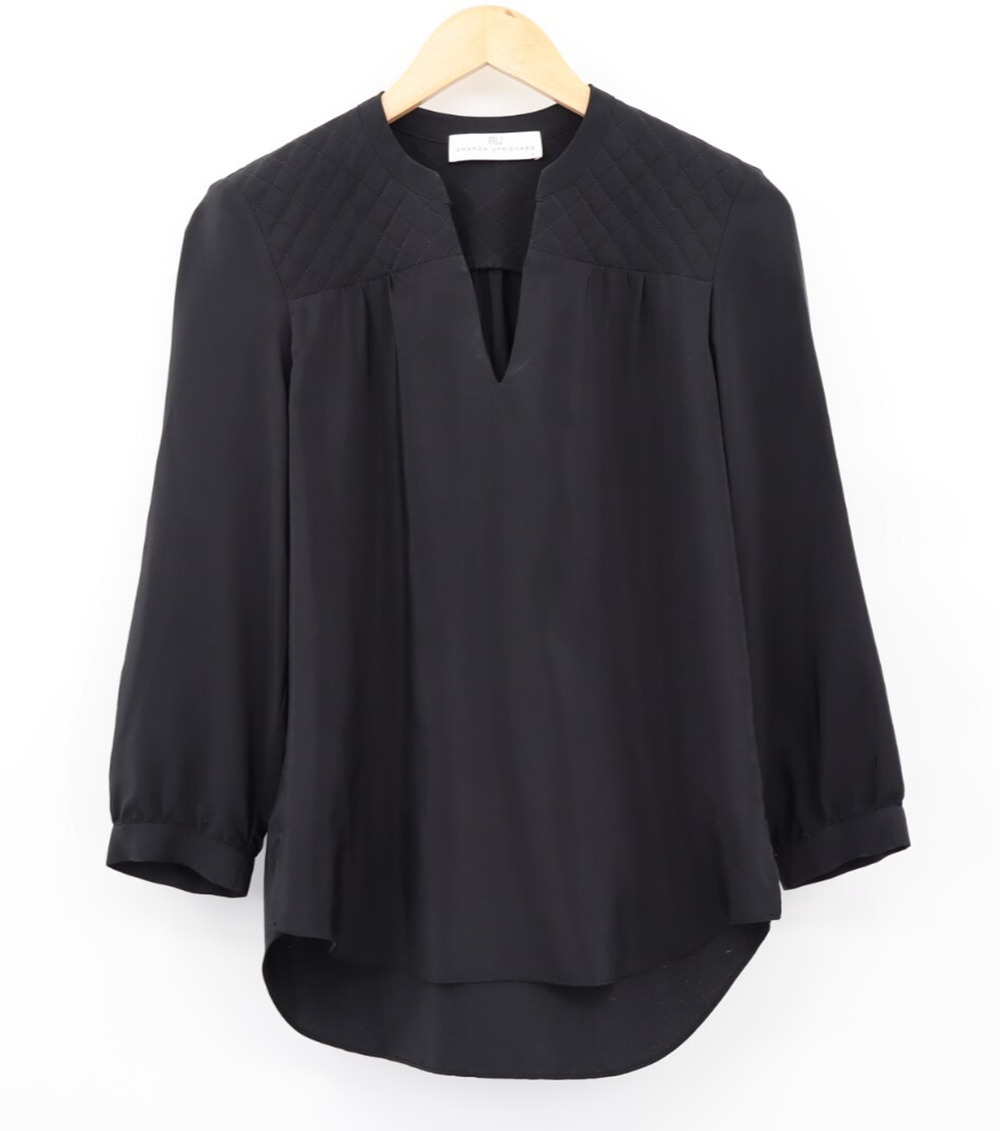 Amanda Uprichard Sz S Silk Top 3/4 Sleeve V-Neck Tunic Blouse Black Luxury
